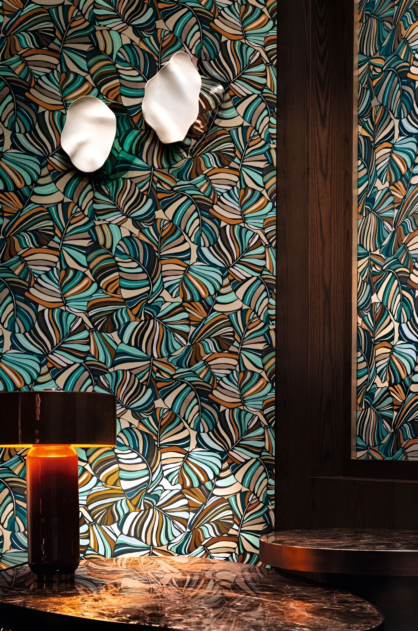 Textile wallpaper with a tropical leaf pattern PACHIRA - CELADON green with orange