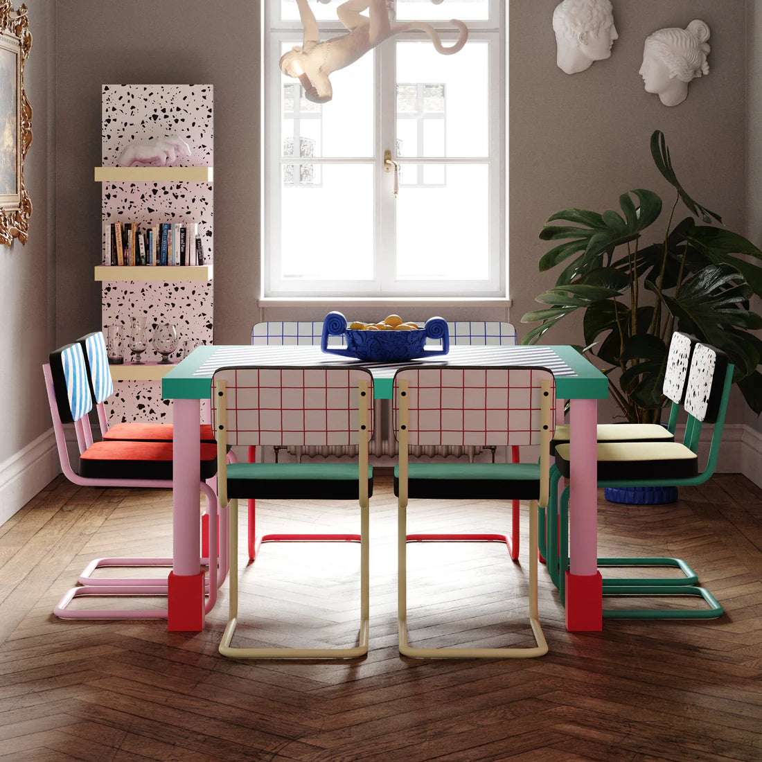 Square Table SUPERSQUARE BLUE STRIPES blue with pink base