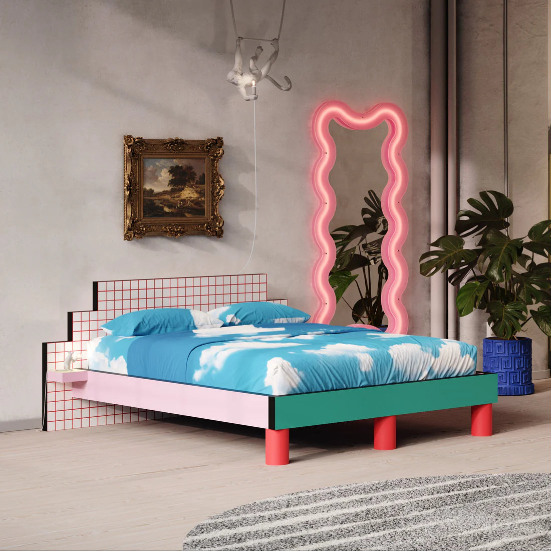 Bett SUPERBED RED GRID rosa mit türkisfarbenem