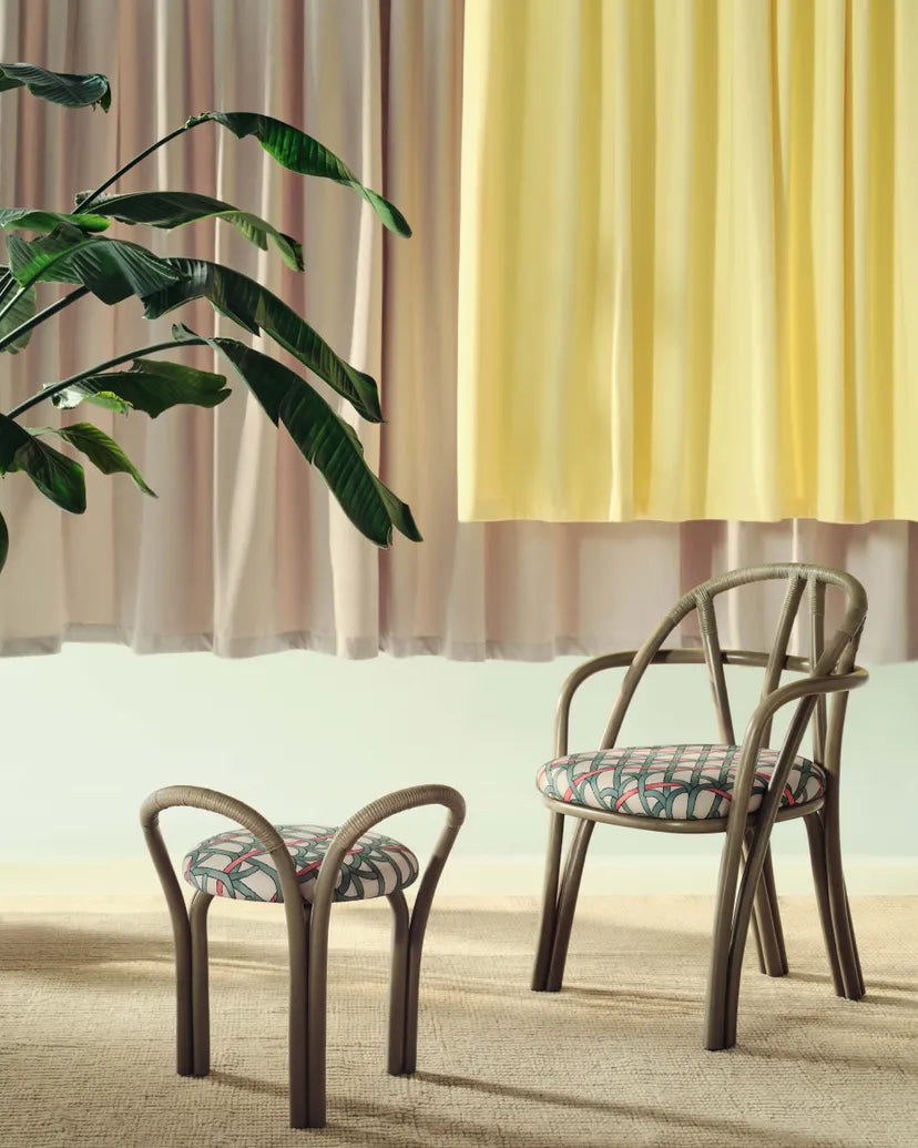 Upholstered BISTRA Stool with Olive Rattan Base