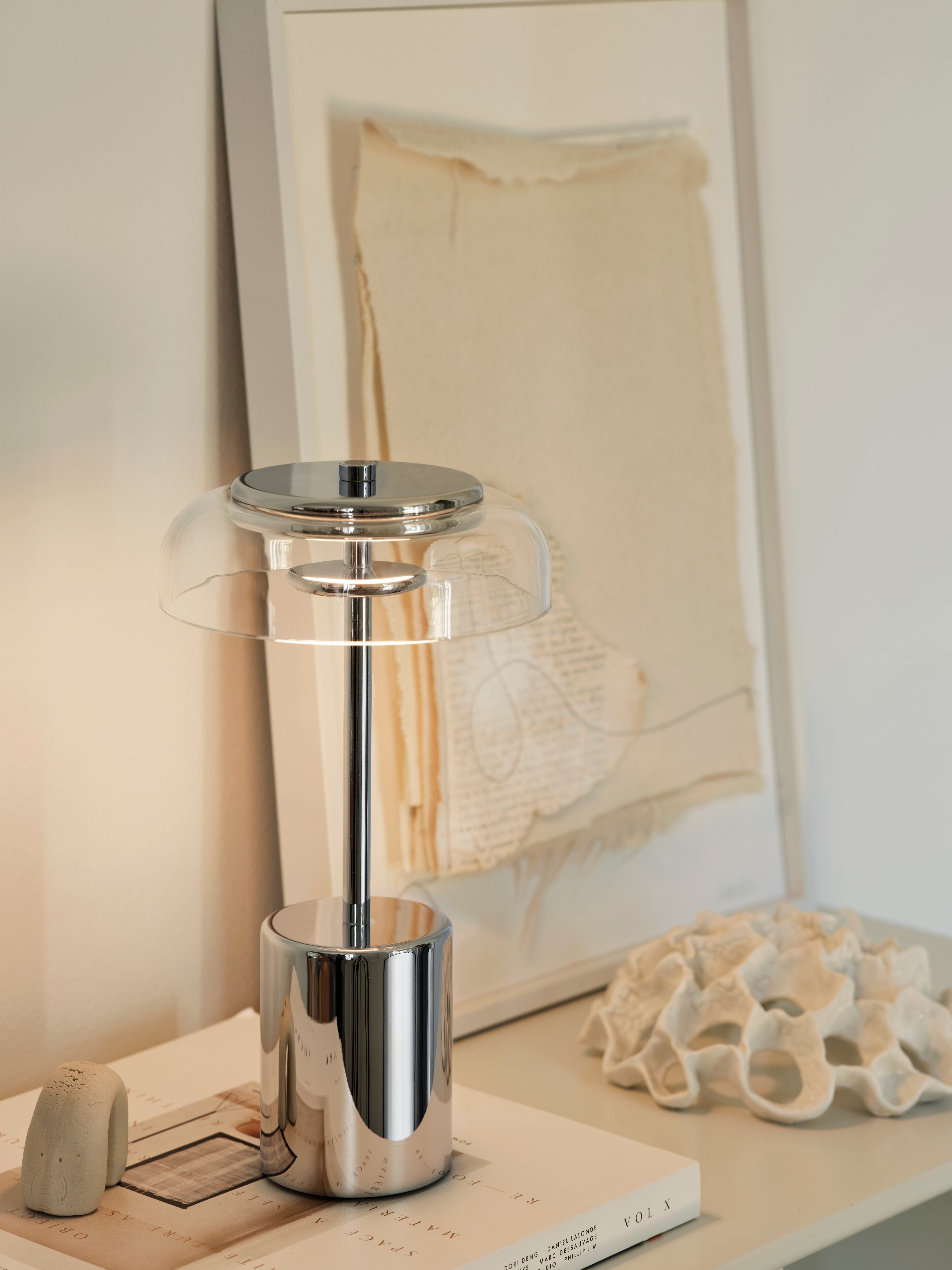 Tragbare Lampe BLOSSI silber mit transparentem Glas