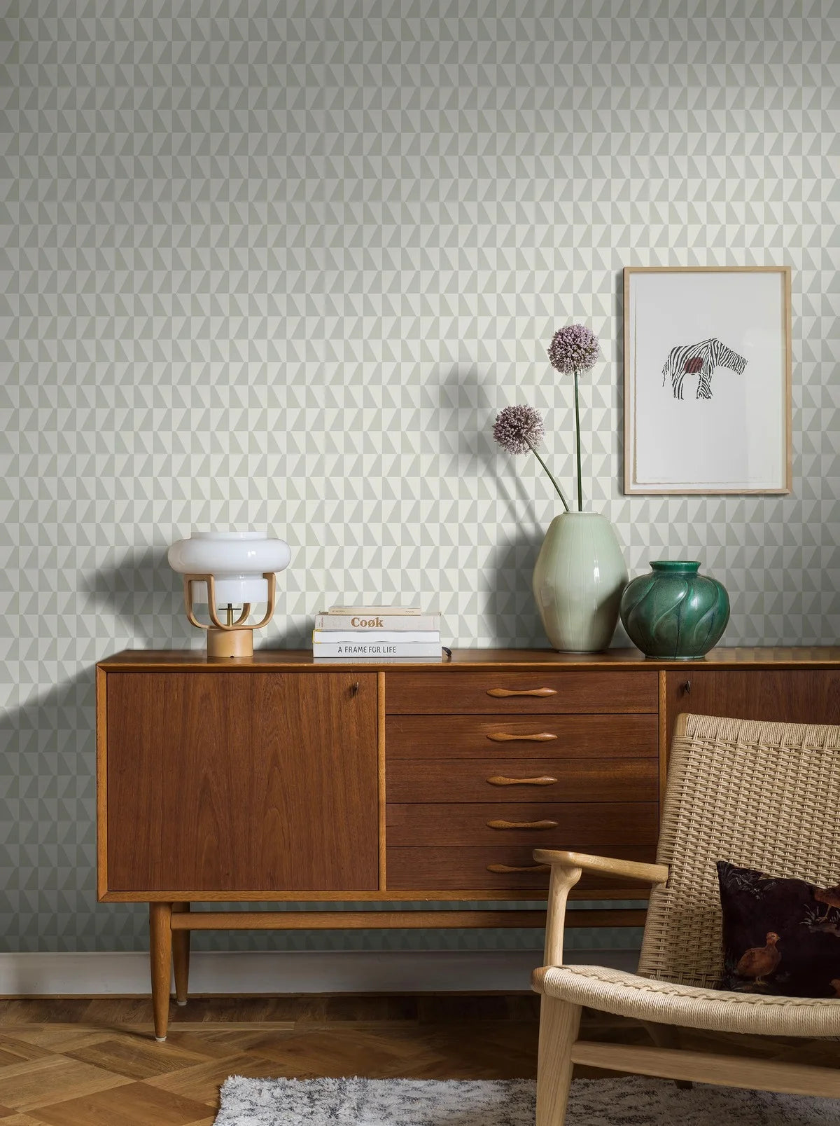 Vlies-Tapete mit geometrischem Muster TRAPEZ grün mit weiß