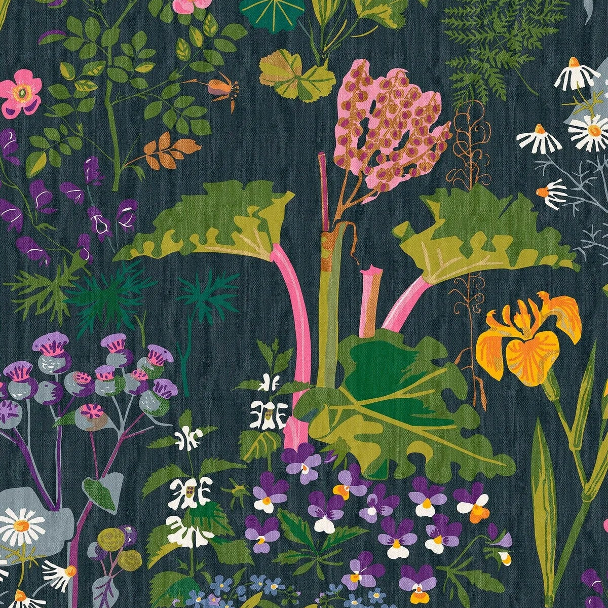 Tapeta z roślinnym wzorem kwiatów GOCKEN JOBS RABARBER granatowy