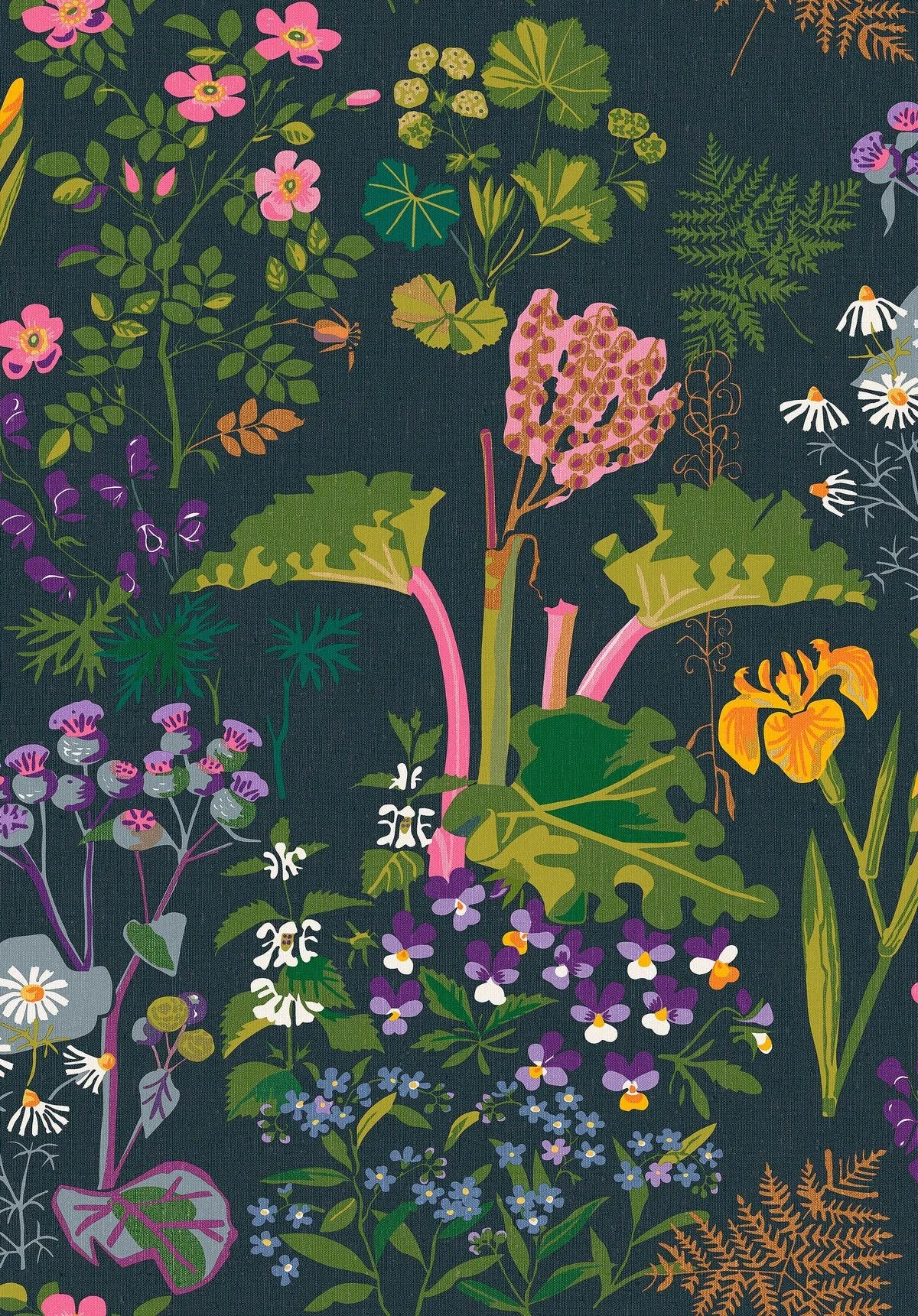 Tapeta z roślinnym wzorem kwiatów GOCKEN JOBS RABARBER granatowy