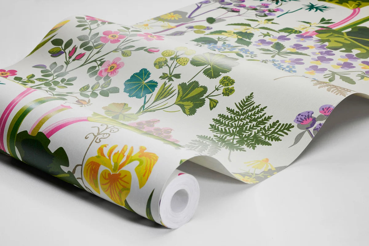 Tapeta z roślinnym wzorem kwiatów GOCKEN JOBS RABARBER biały z zielonym