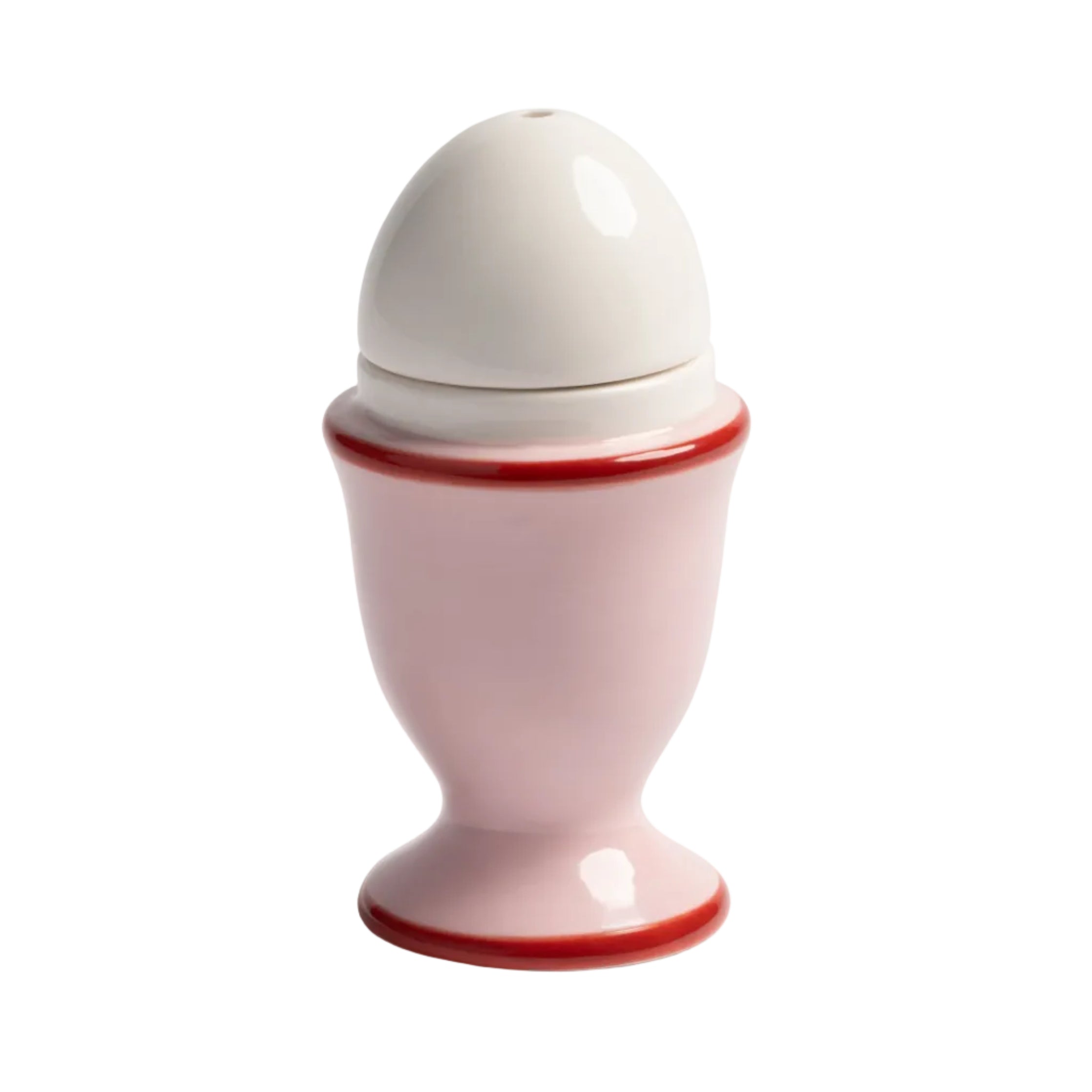 Egg-shaped salt and pepper shakers in pink with red and white