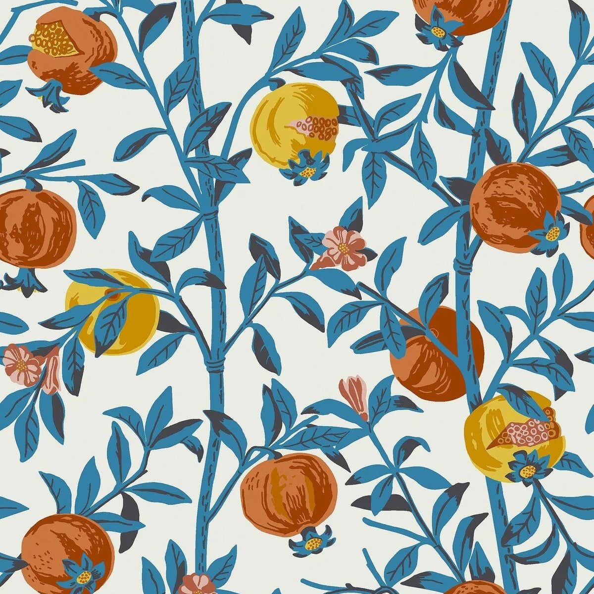 Tapete mit pflanzlichem Muster von Granatapfel, weiß mit Blau und Orange