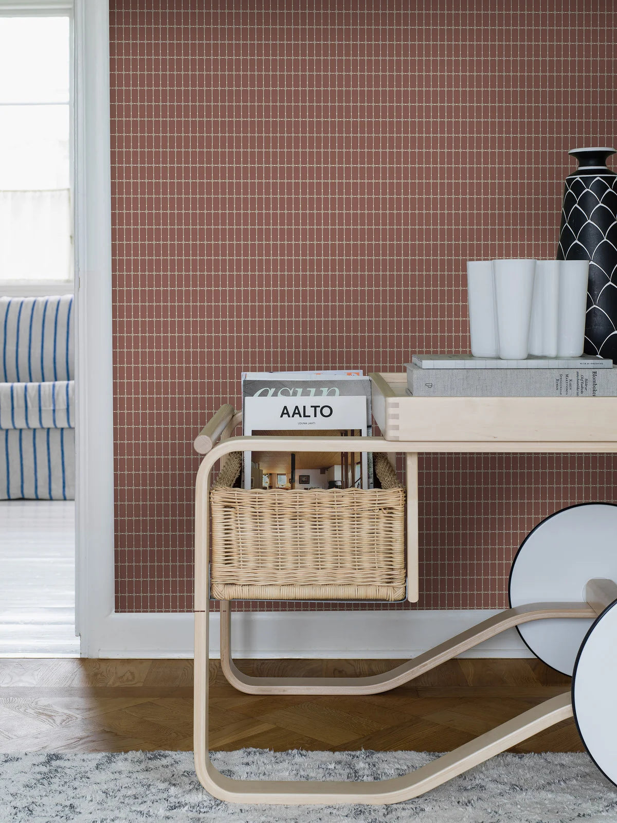 Non-woven paper wallpaper with a checkered pattern ALVAR AALTO M.I.T red