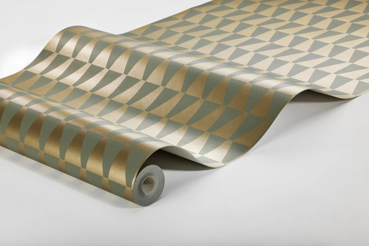 Non-woven paper wallpaper with a geometric TRAPEZE pattern in green and gold