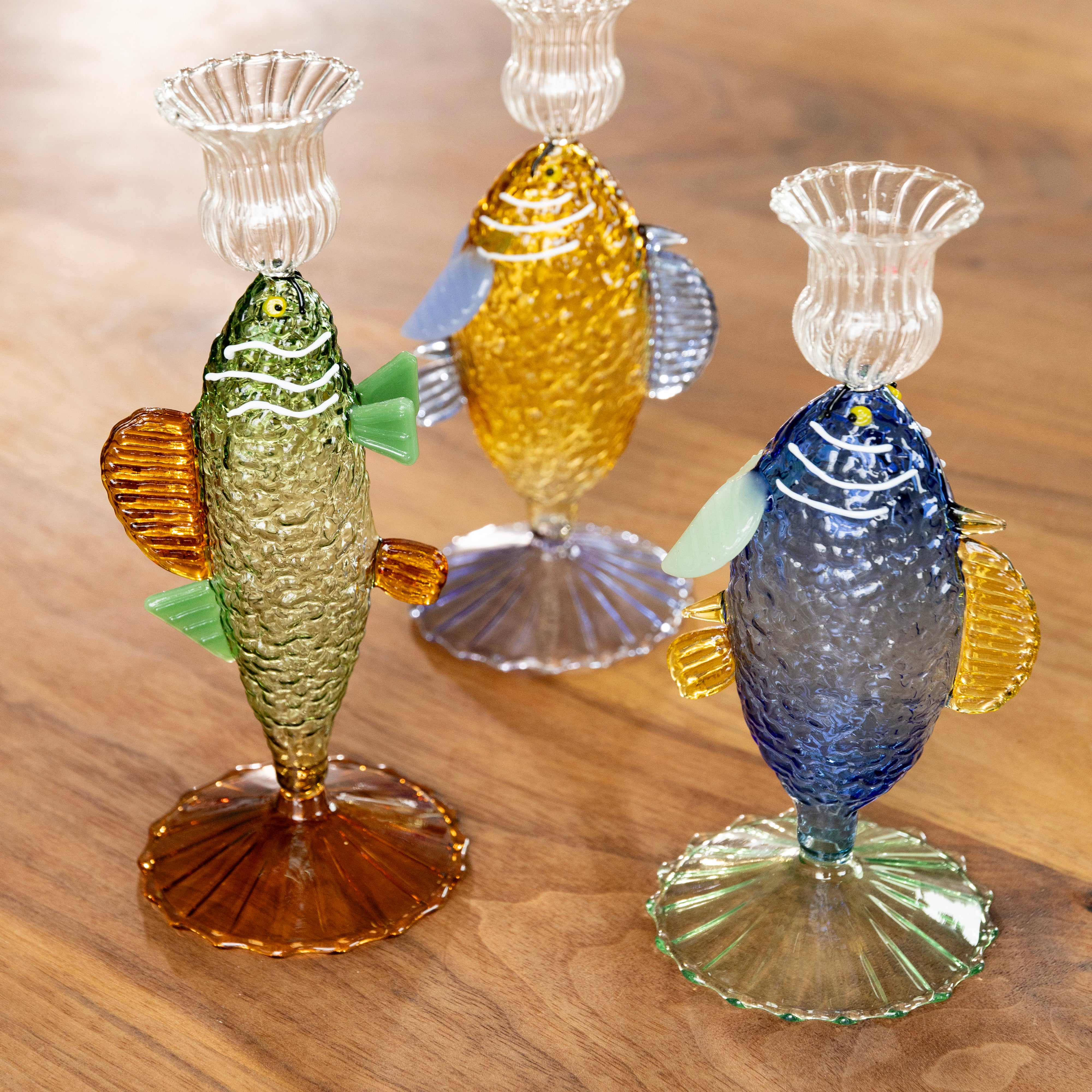 Blue Glass Candle Holder FISH with Green and Yellow