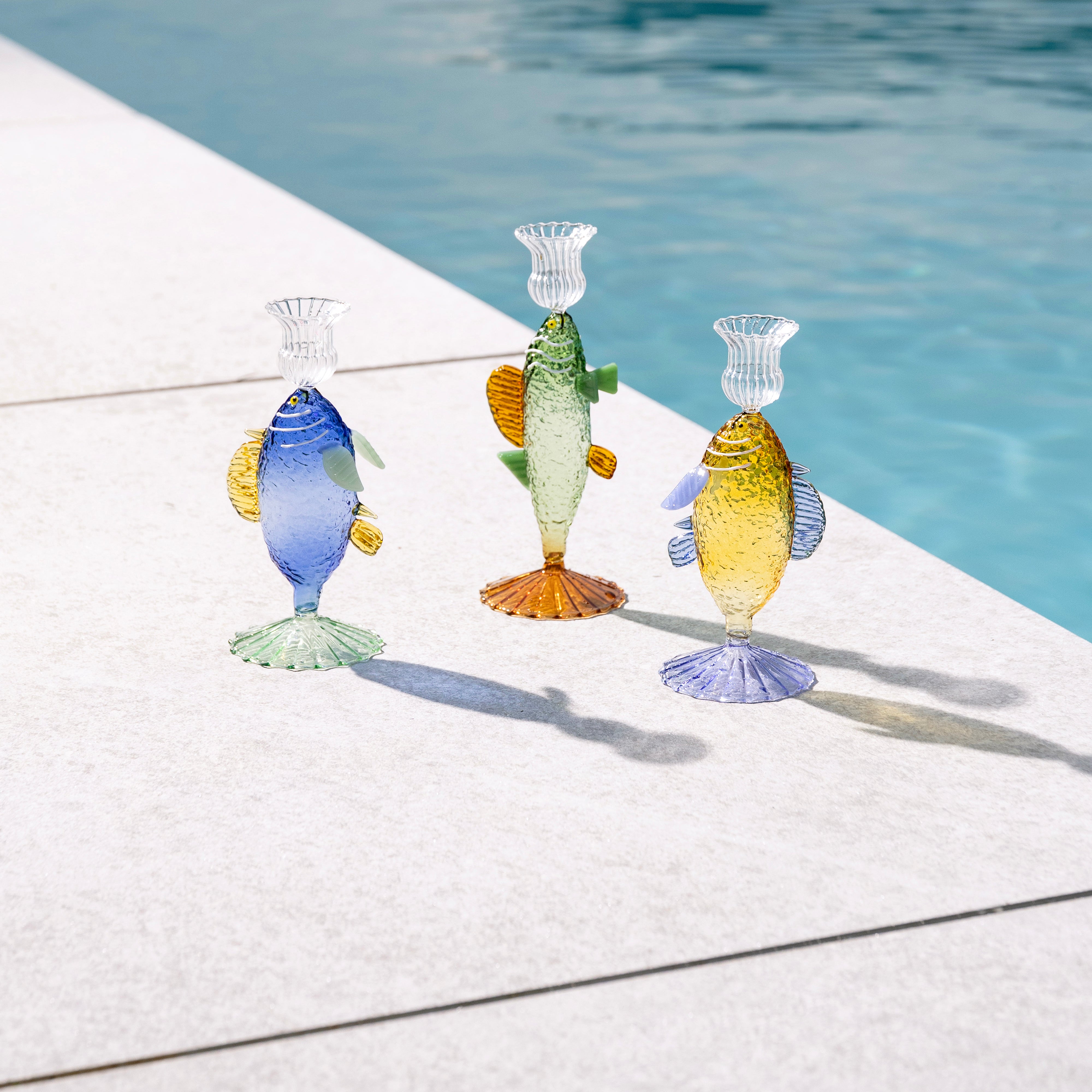Blue Glass Candle Holder FISH with Green and Yellow