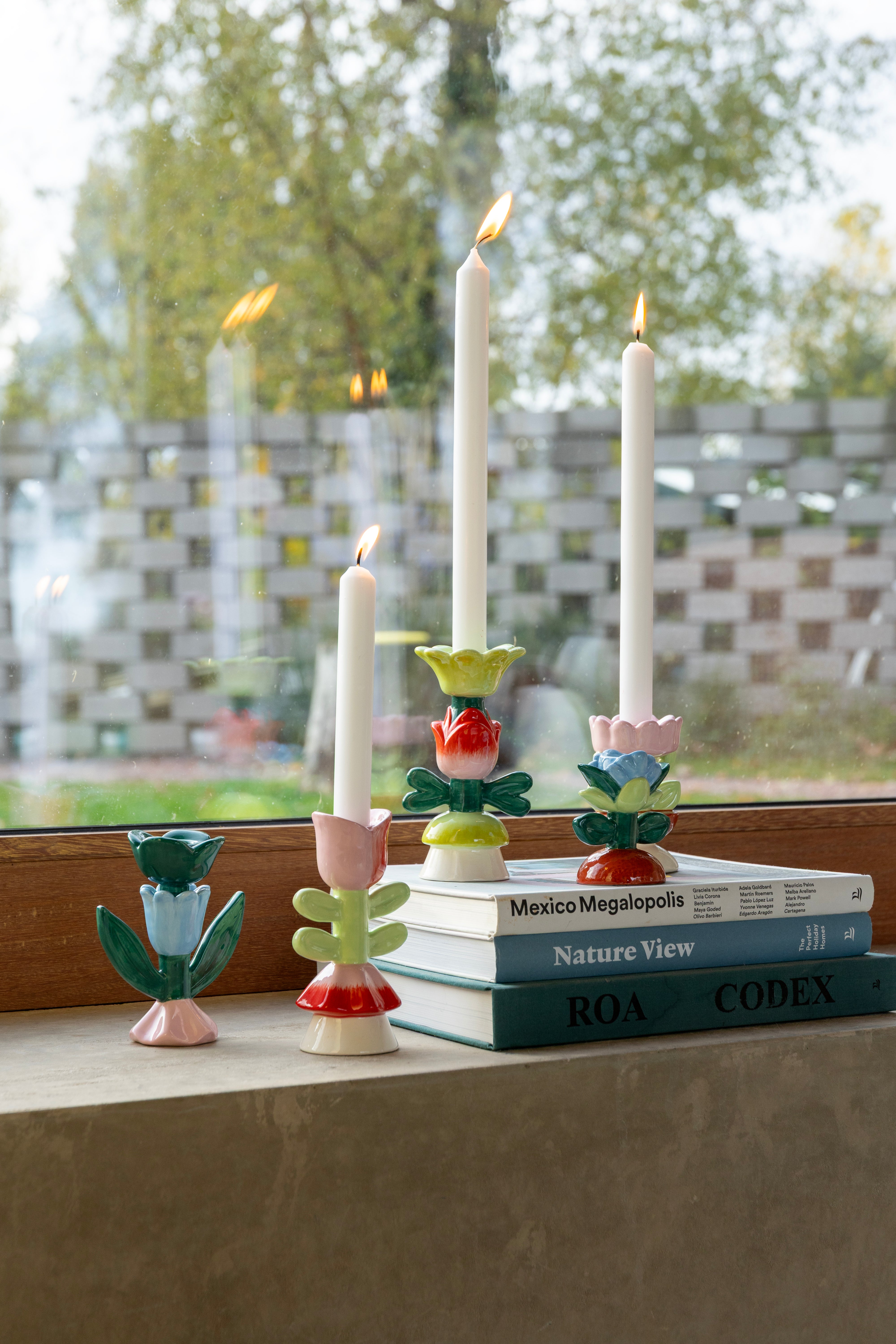 BLUME Candle Holder in Green with Blue and Pink