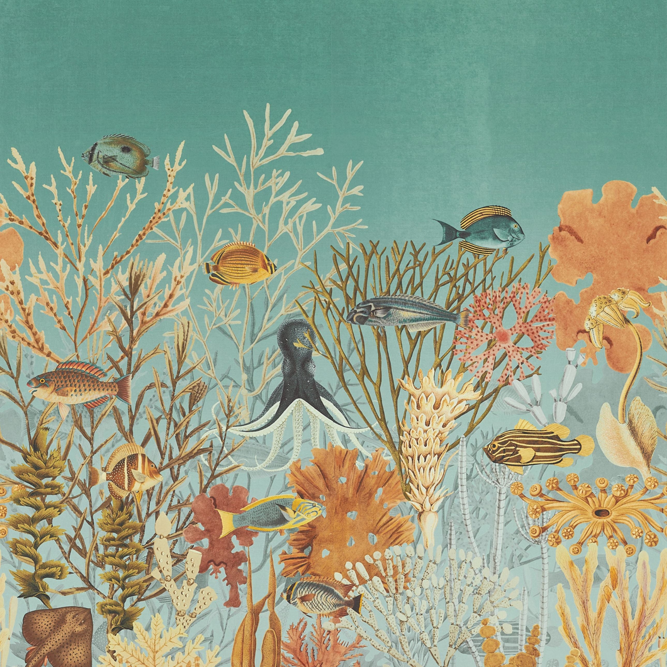 Textilwandbild mit Korallenriff-Motiv MOOREA himmelblau