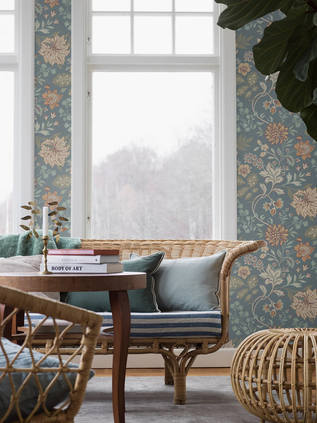 Tapeta flizelinowa papierowa z roślinnym wzorem ALICIA niebieski z zielonym