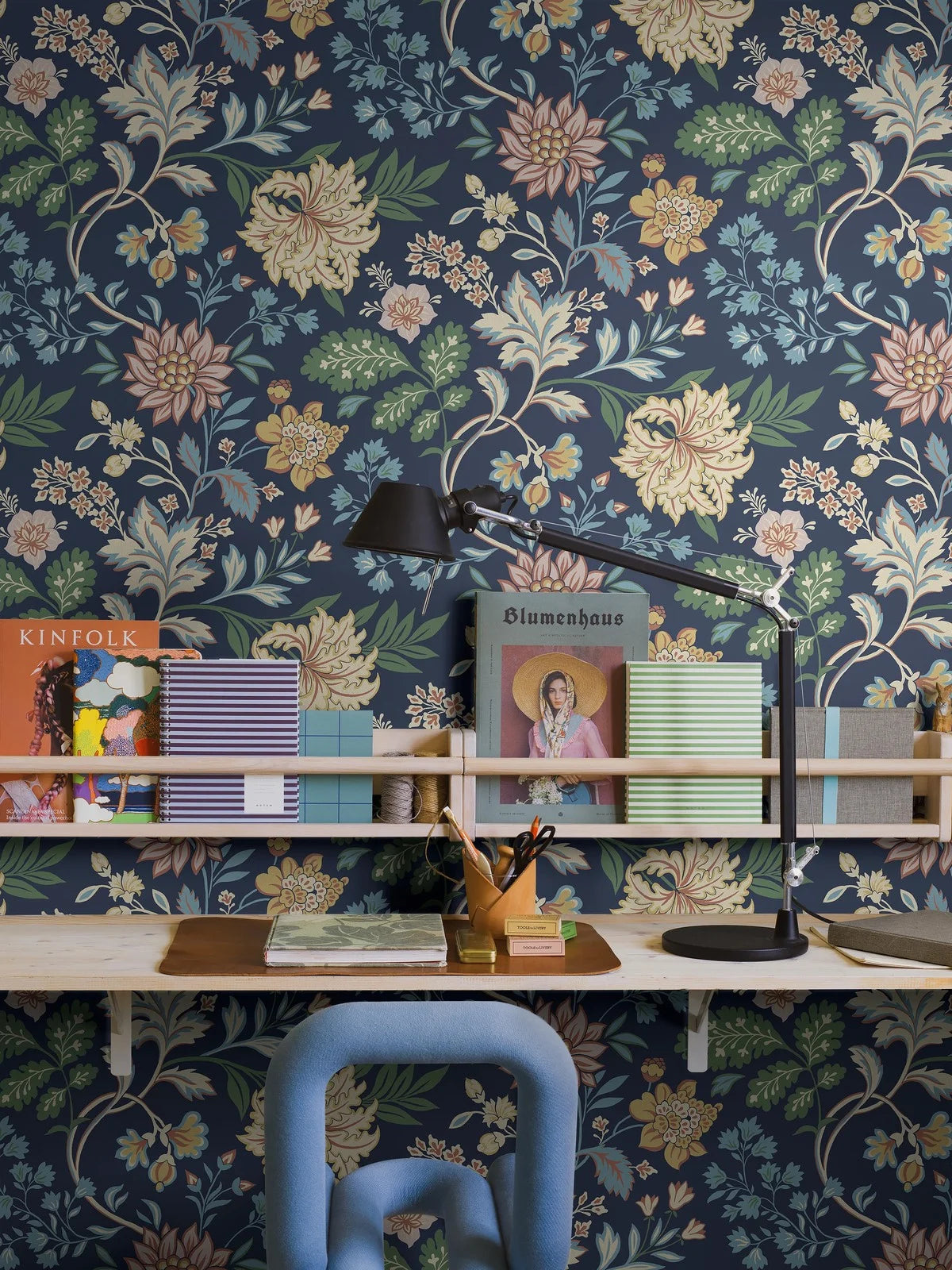 Non-woven paper wallpaper with a plant pattern ALICIA dark blue with yellow