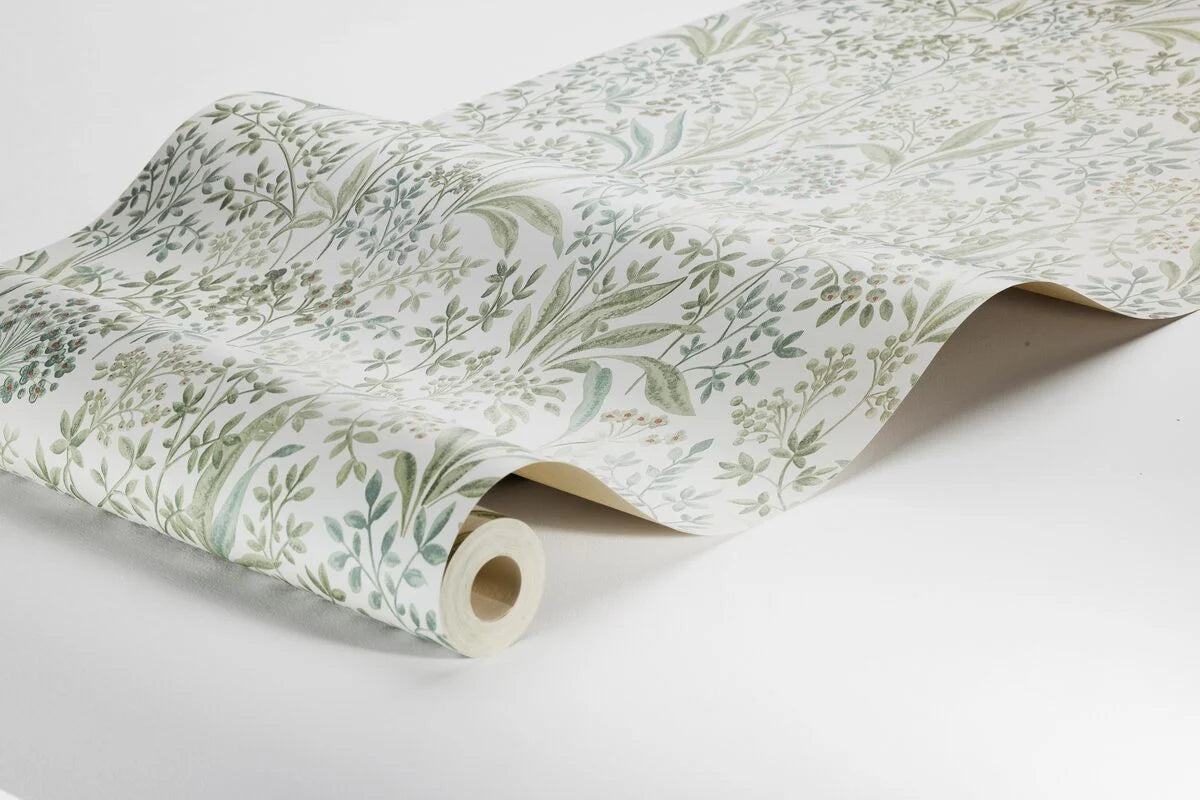 Non-woven paper wallpaper with a botanical pattern NOCTURNE beige with green