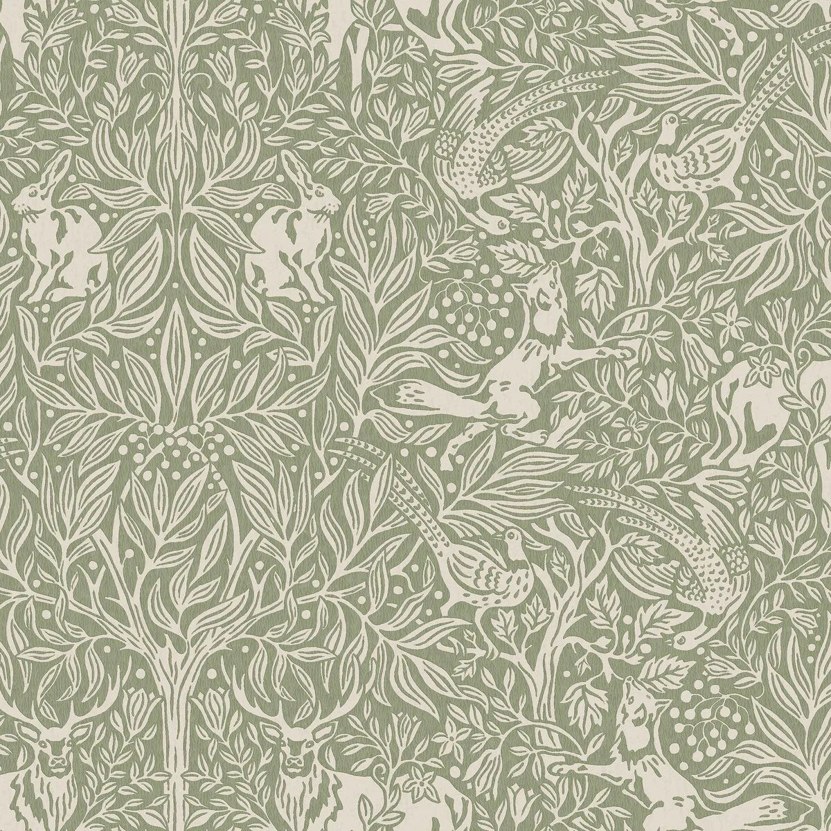 Wallpaper with a botanical pattern and forest theme UNDER THE ELDER TREE green with white