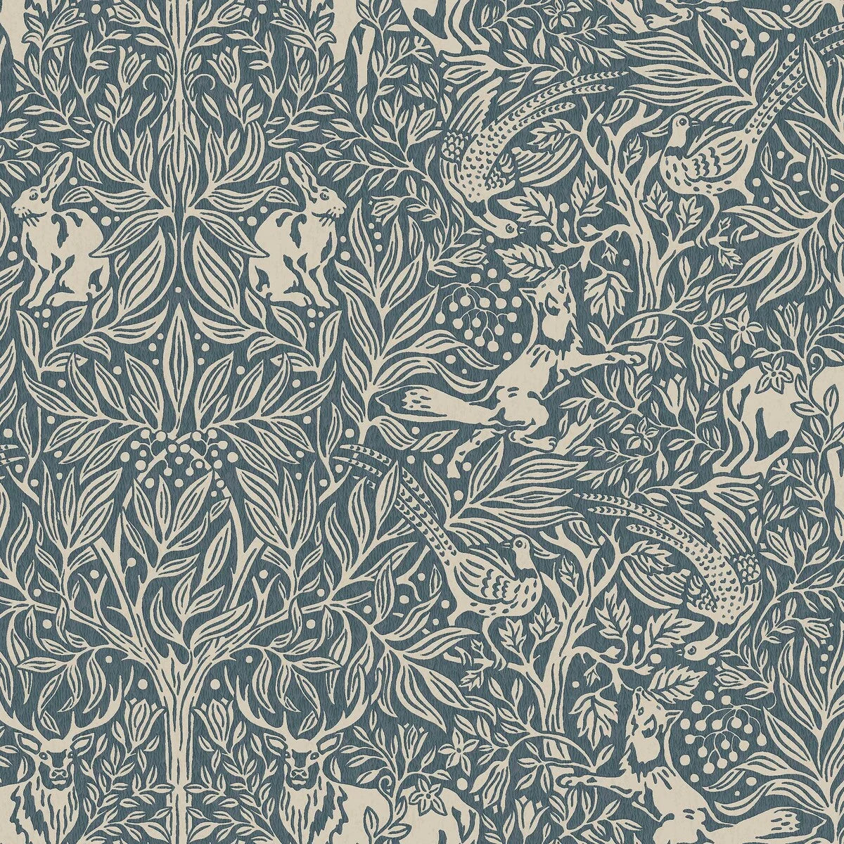 Wallpaper with a botanical pattern and forest theme UNDER THE ELDER TREE navy blue with white