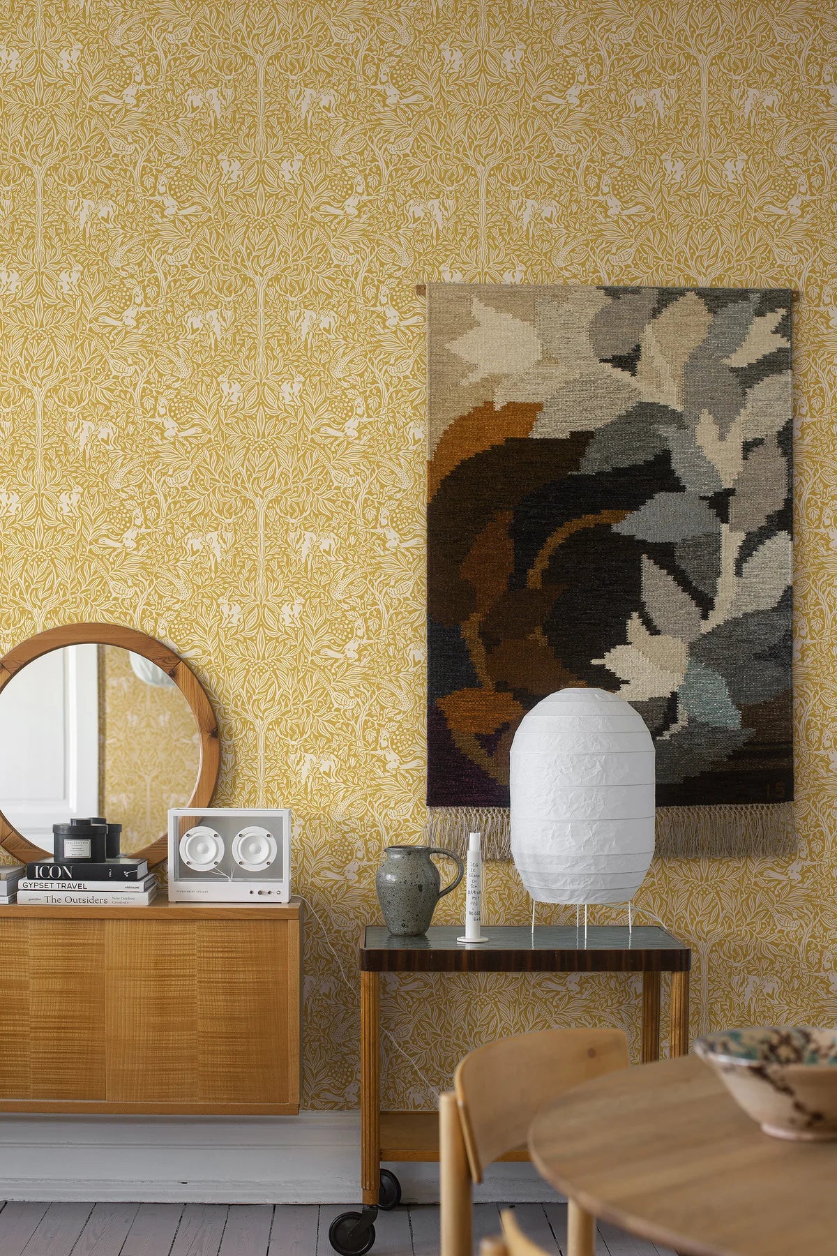 Wallpaper with a botanical pattern and forest theme UNDER THE ELDER TREE yellow with white