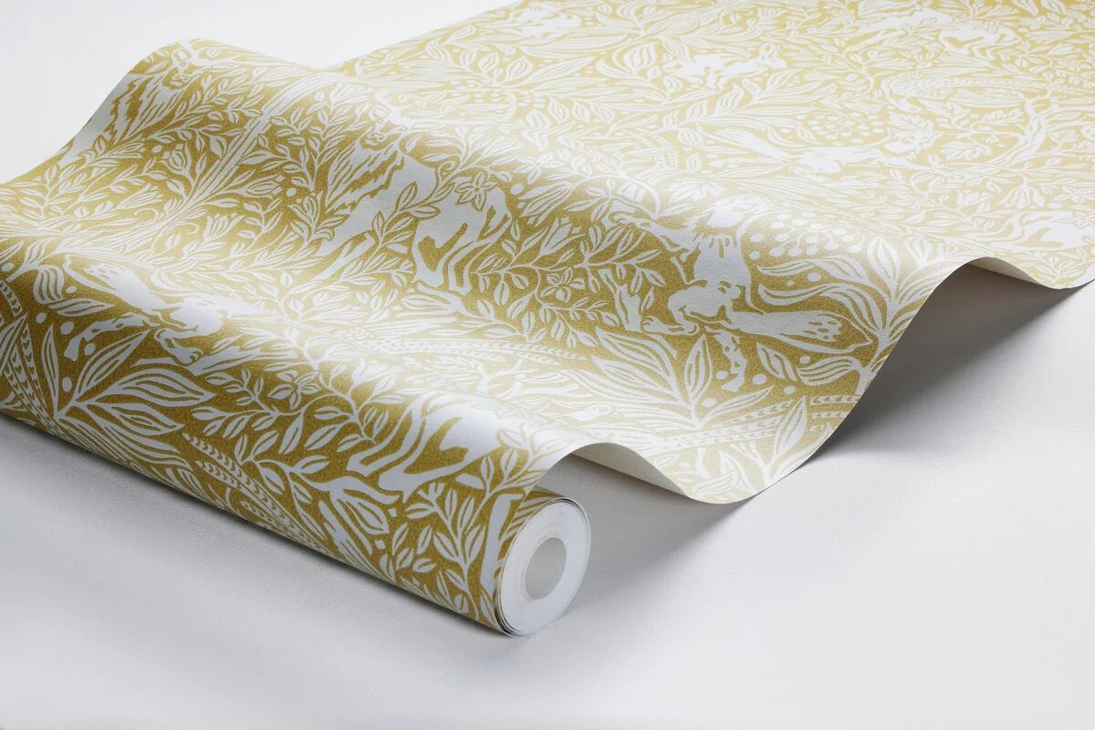 Wallpaper with a botanical pattern and forest theme UNDER THE ELDER TREE yellow with white