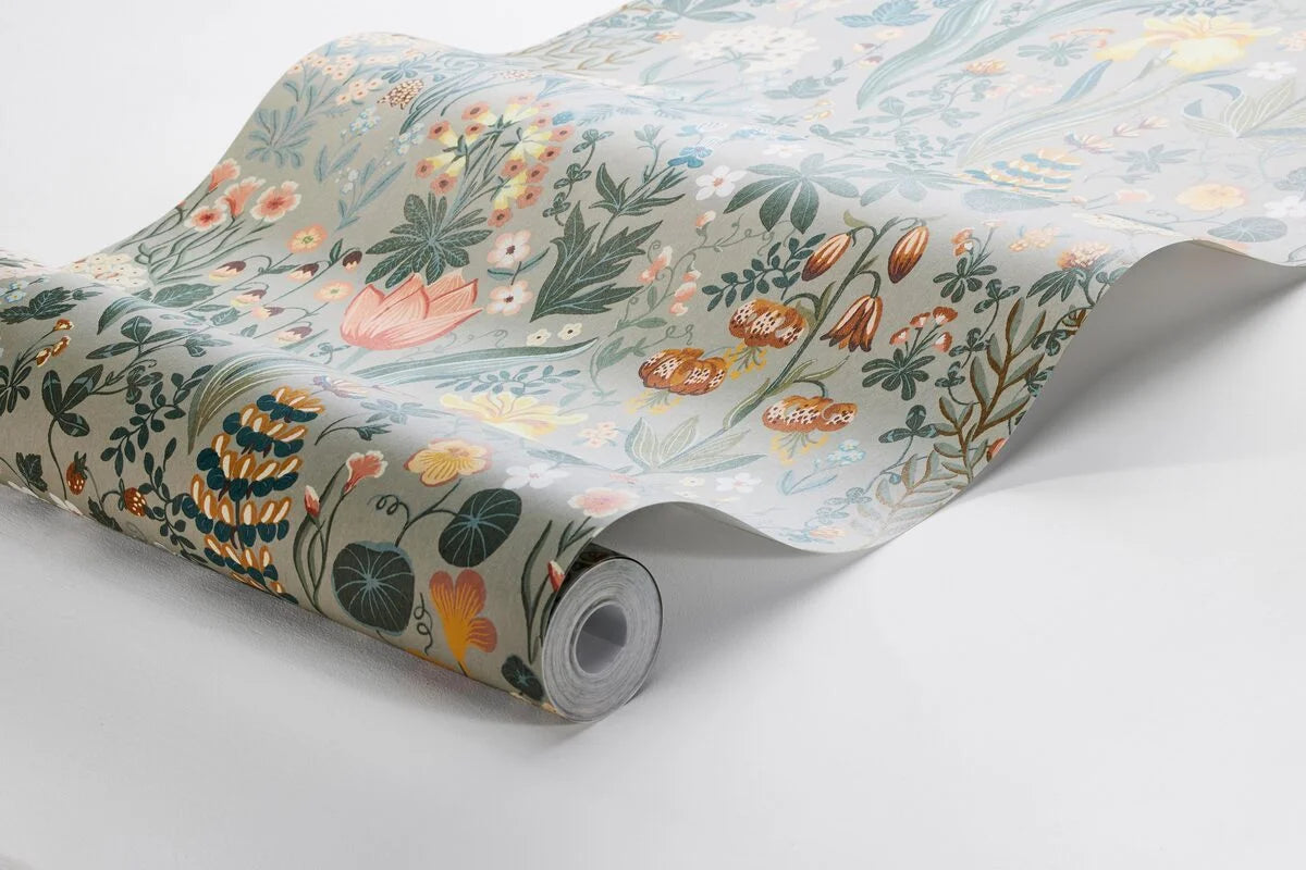 Tapeta z roślinnym wzorem kwiatów BLOMSTERHAV szary z zielonym