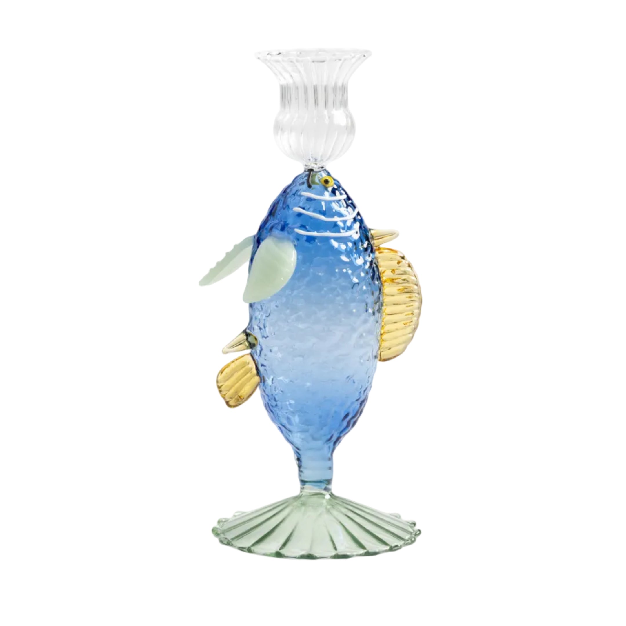 Blue Glass Candle Holder FISH with Green and Yellow