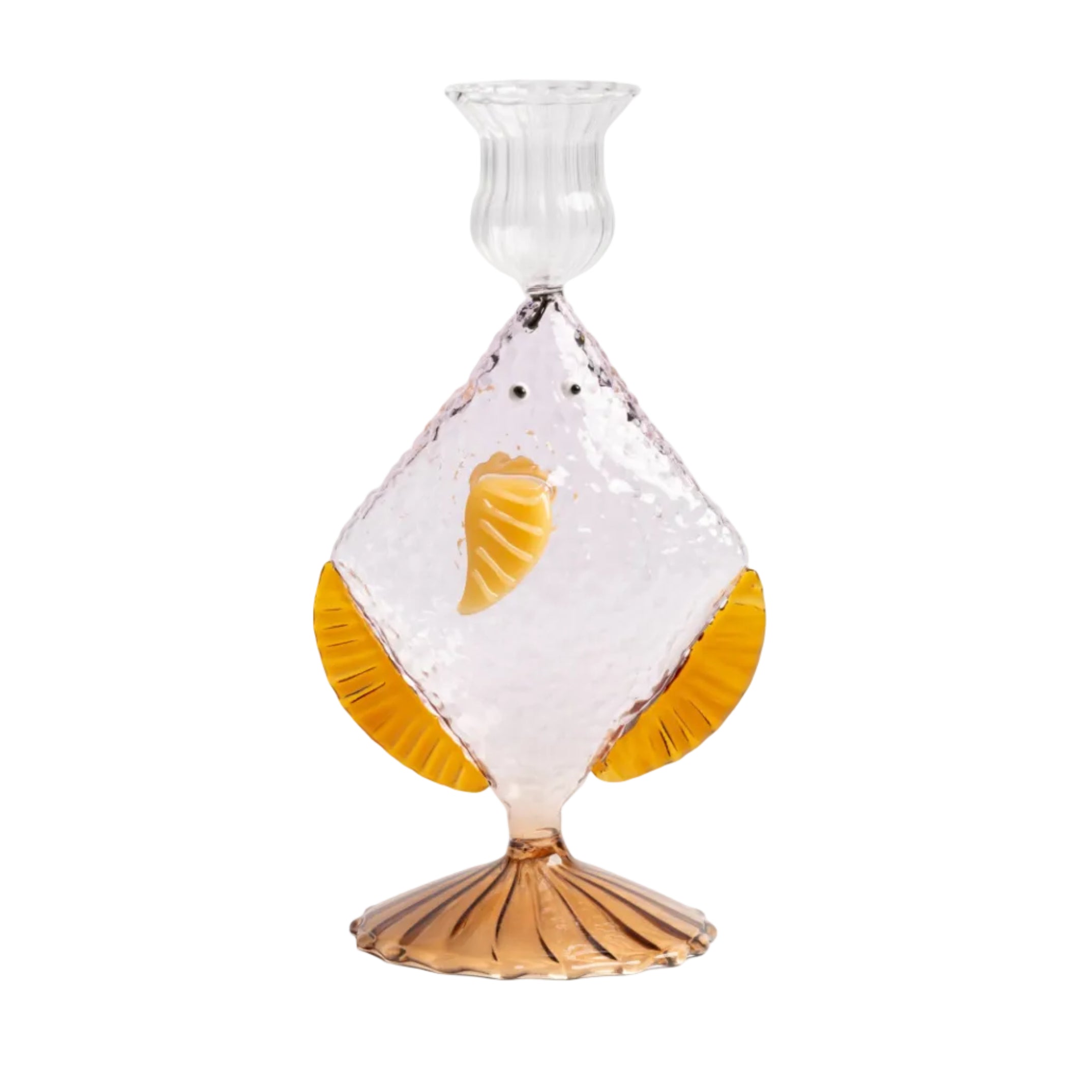 Glas-Teelichthalter FISCH rosa mit bernsteinfarbenem Akzent