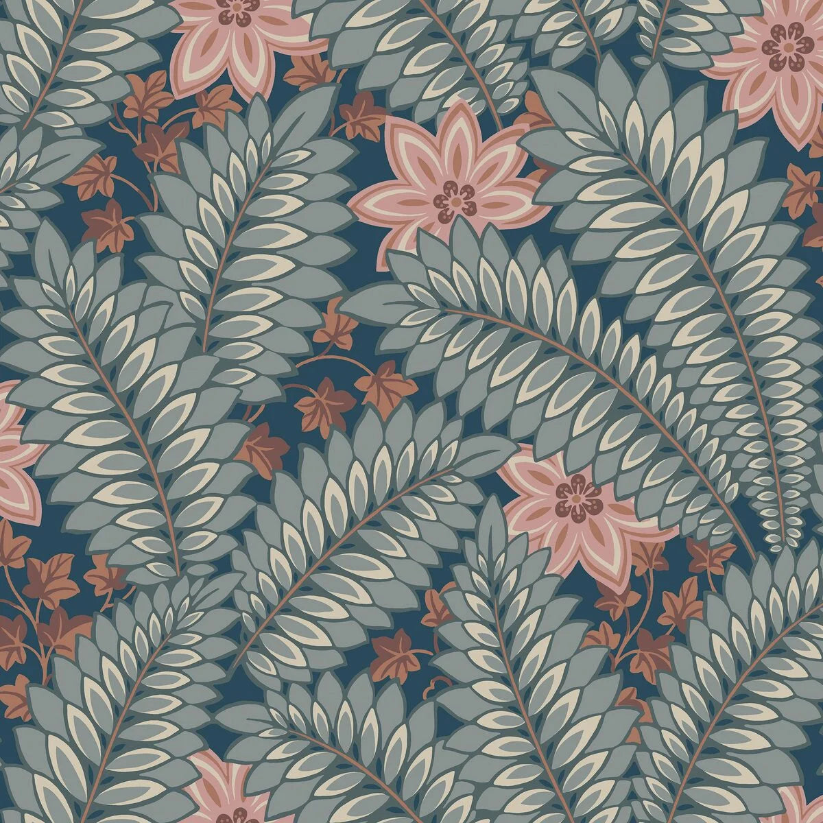 Hidden Ivy Blue and Green Leaf Pattern Wallpaper