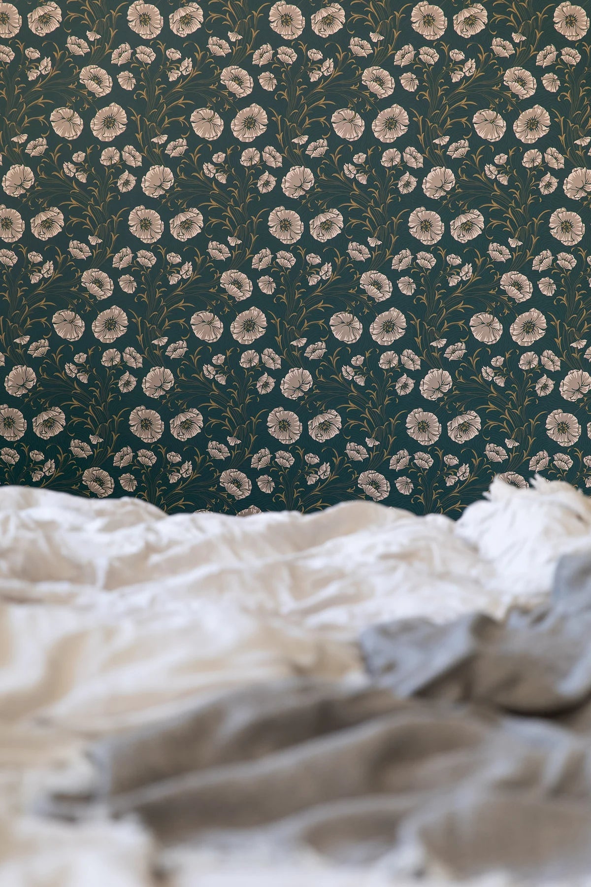 Dark Green Floral Poppy Flow Wallpaper with Beige