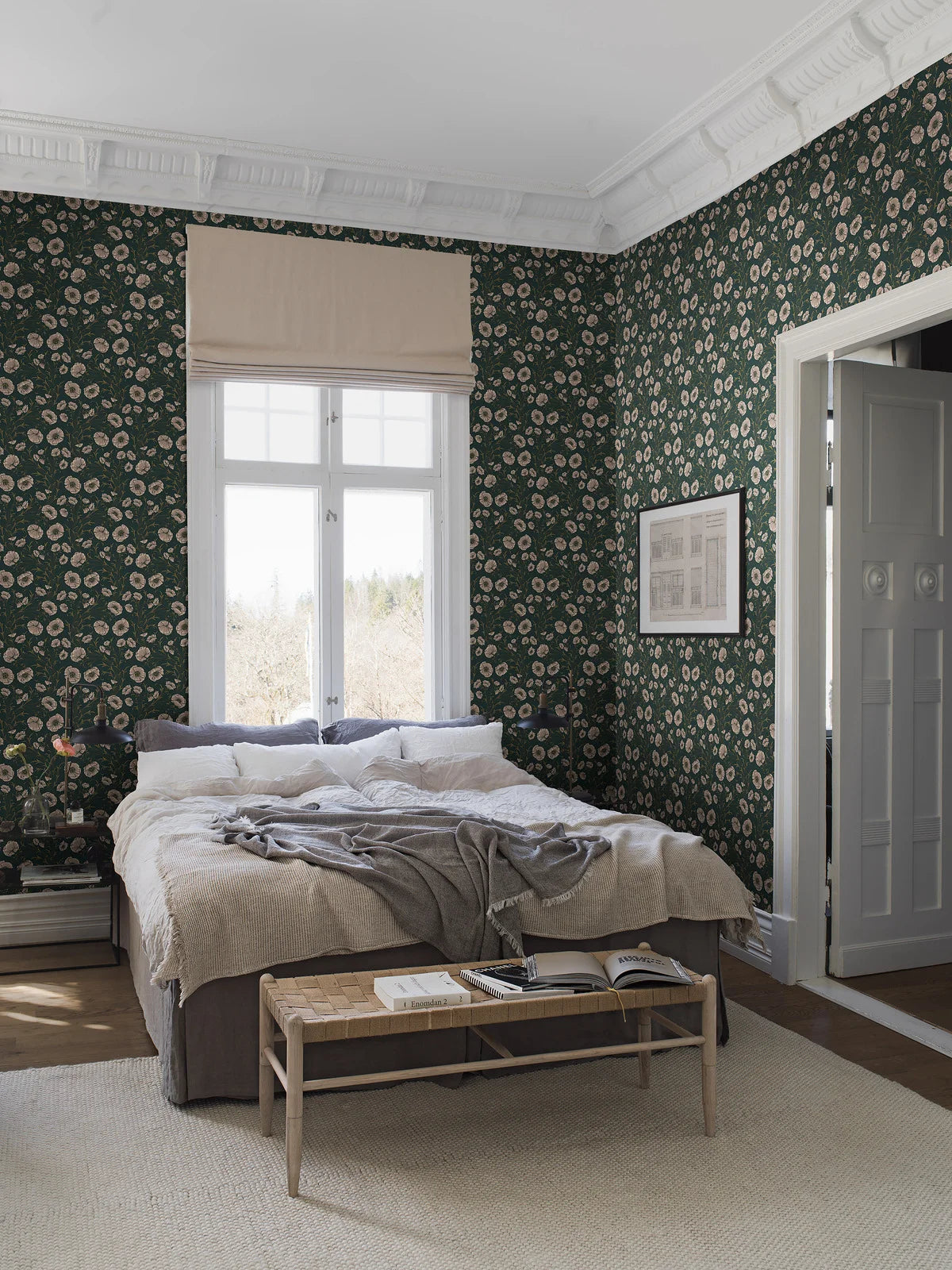 Dark Green Floral Poppy Flow Wallpaper with Beige