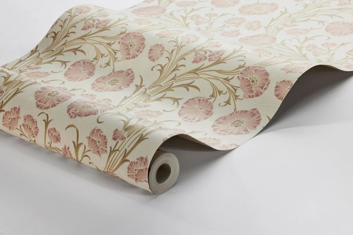 Poppy Flow Floral Pattern Wallpaper in Warm Beige with Pink