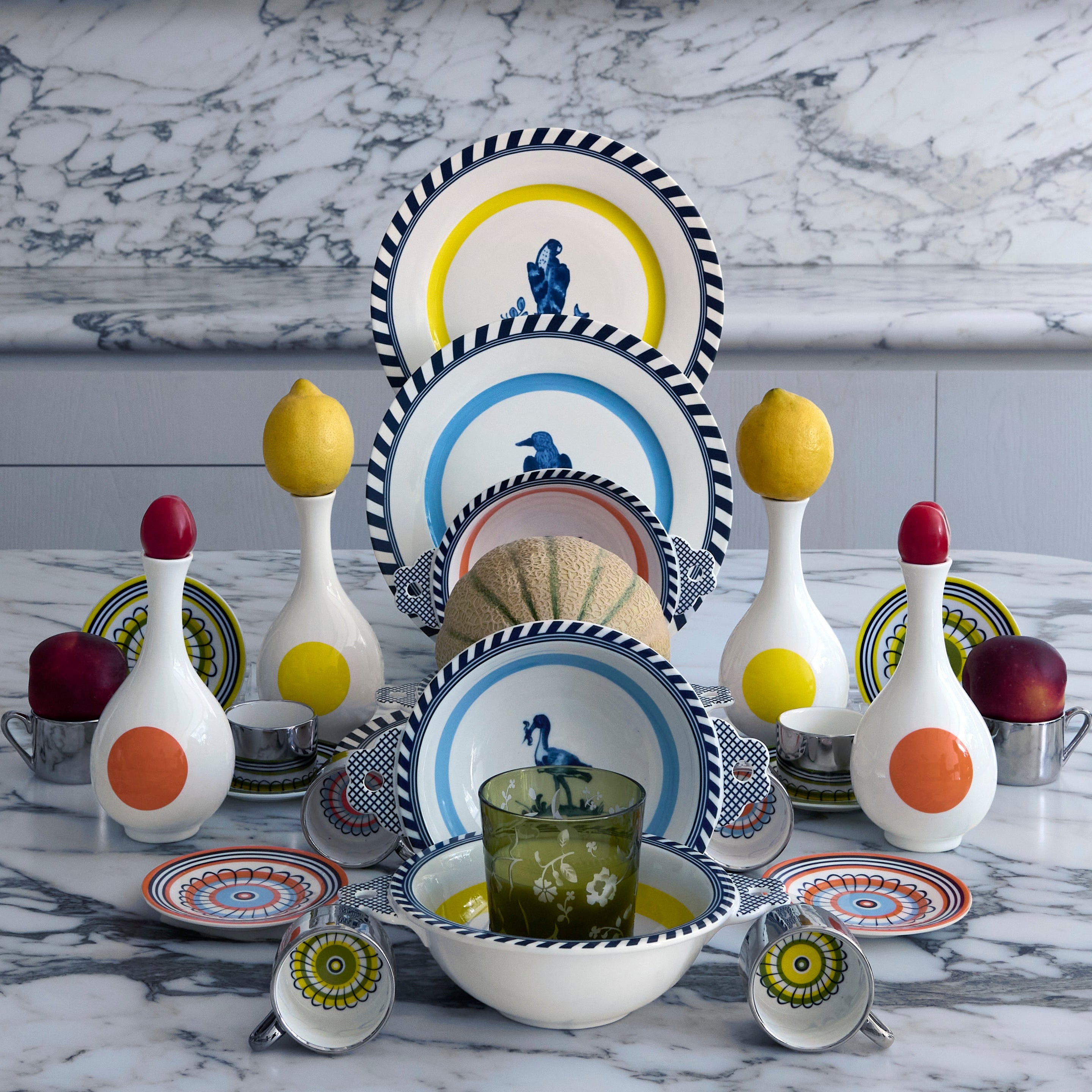 SMALL BIRD White Vase with Yellow and Blue