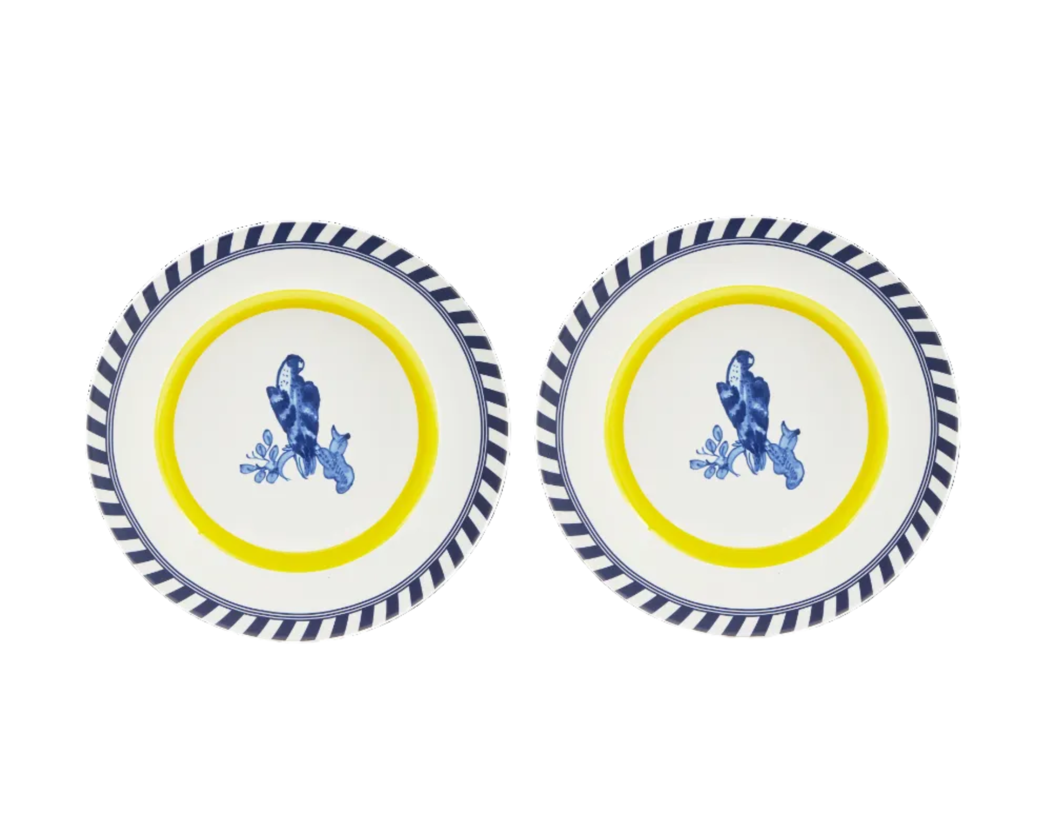 Bird Patterned Plate Set White with Yellow and Blue