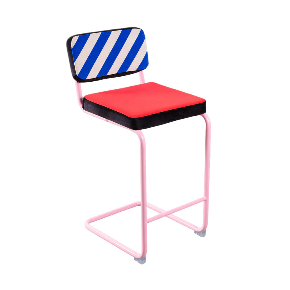 Barhocker SUPERSTOOL BLAUE STREIFEN rot mit pinkem Fuß
