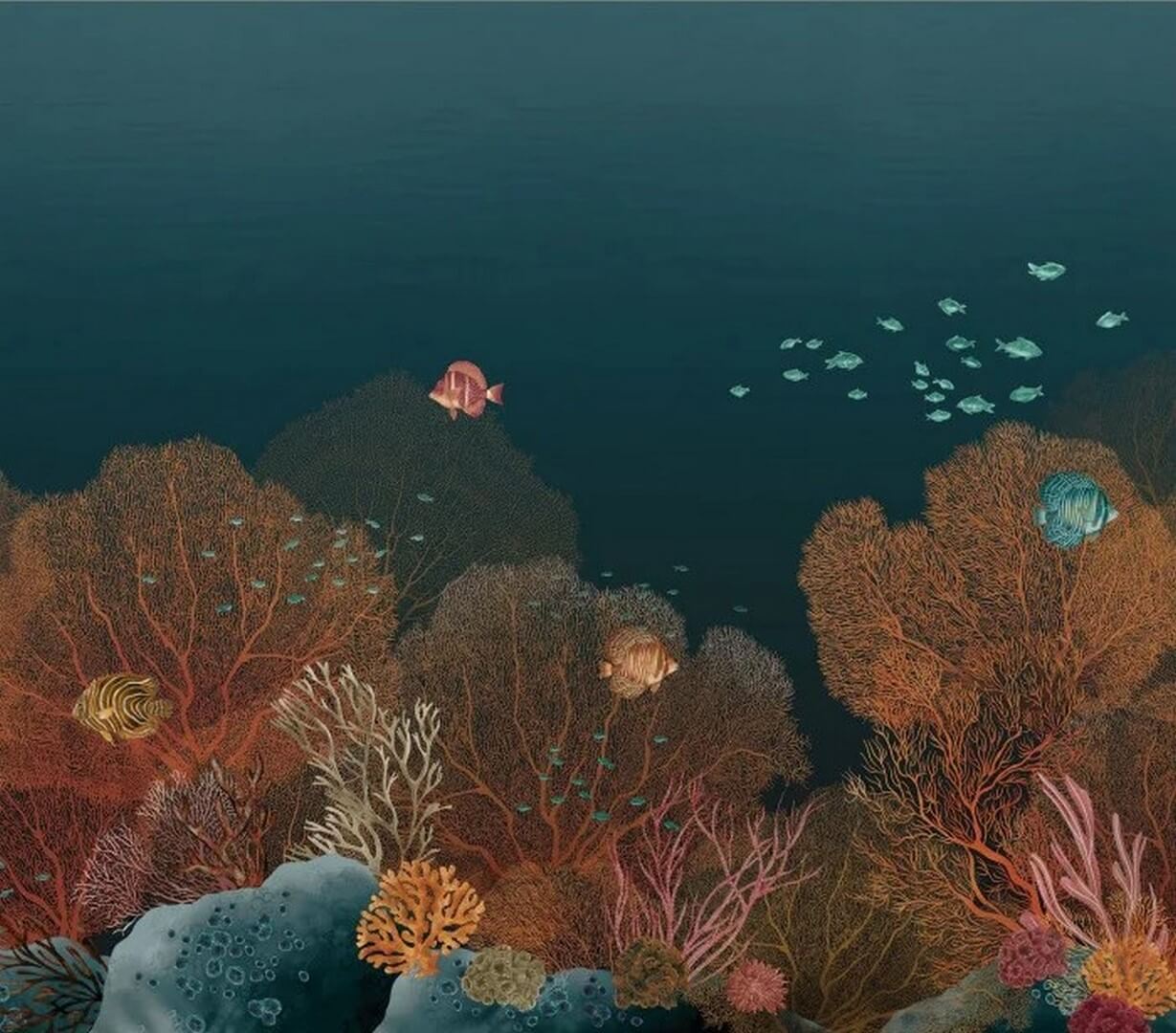 Mural with a marine motif POLYNESIE - MARINE/MULTICO navy blue with brown