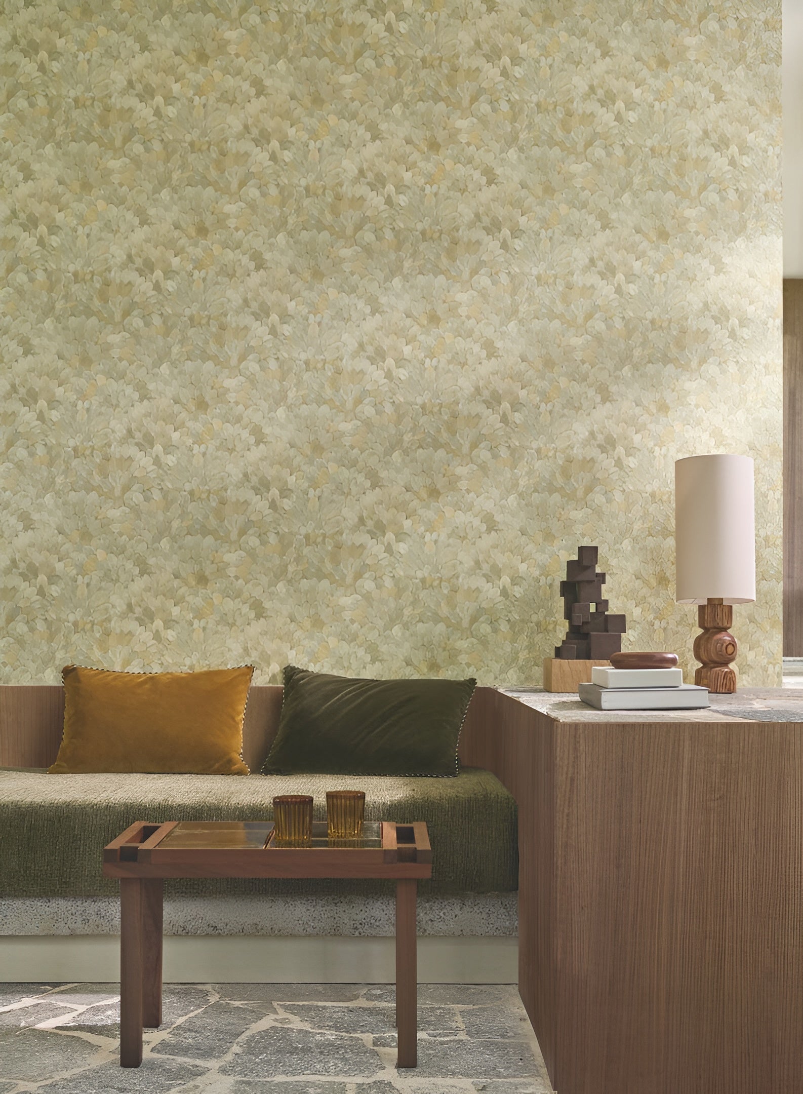 Structural vinyl wallpaper with a plant motif FEIJOA - CYPRÈS bottle green