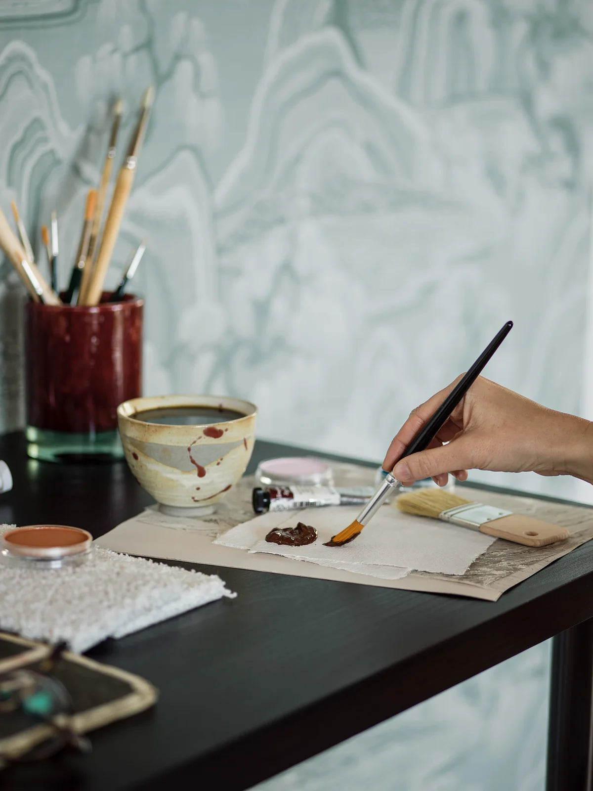 Non-woven paper wallpaper with landscape INDIGO GARDEN light green