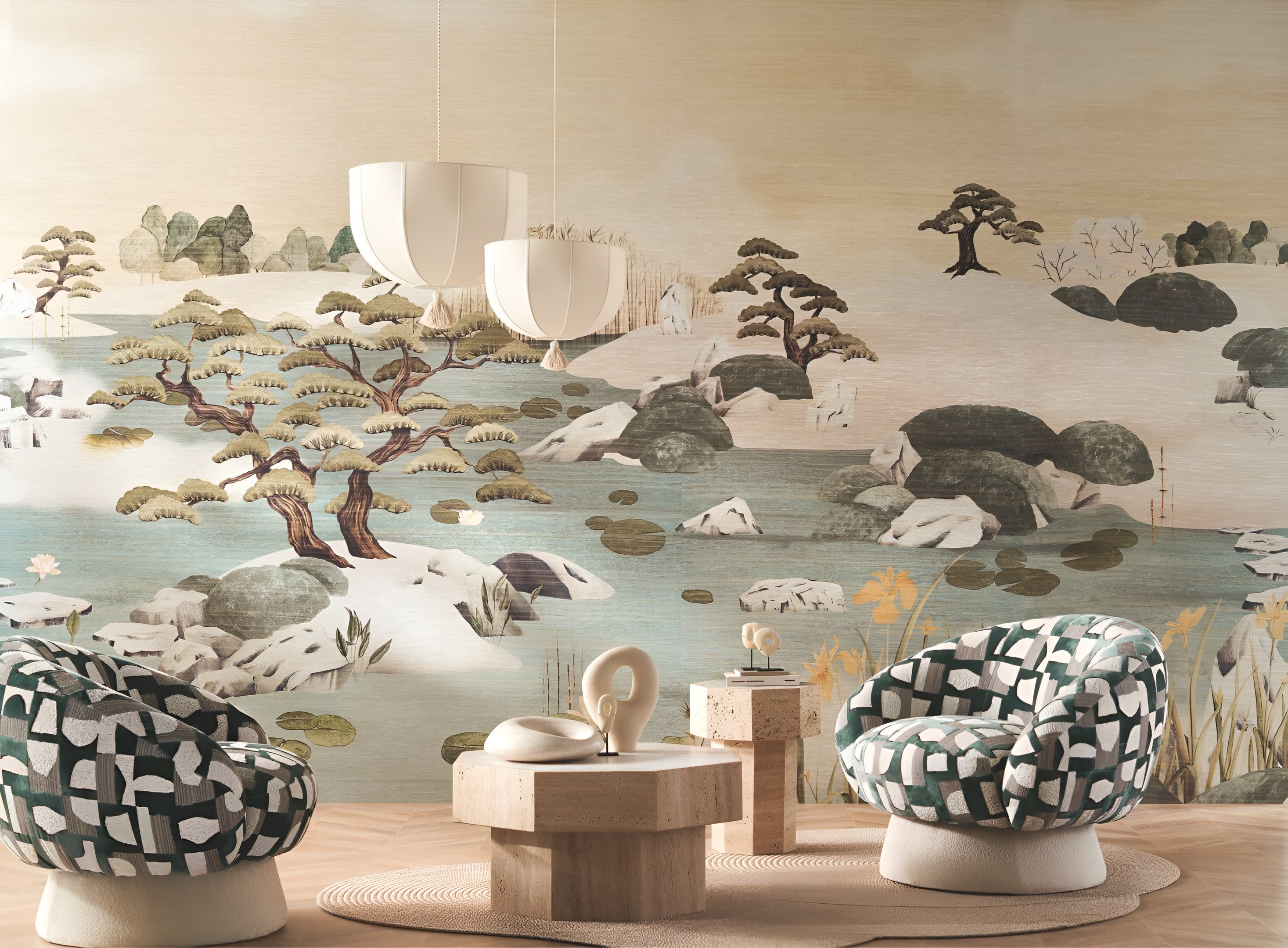 Textile mural with Japanese landscape ADACHI - SABLE OPALINE muted beige with green