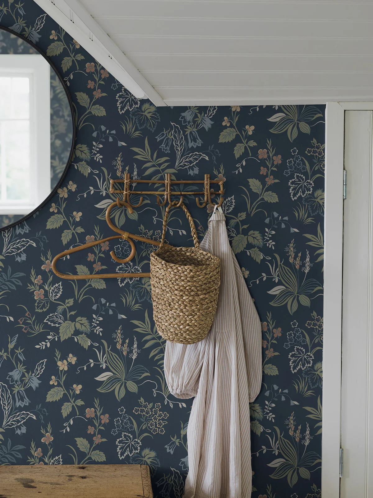 Folklore Blue and Green Floral Pattern Wallpaper