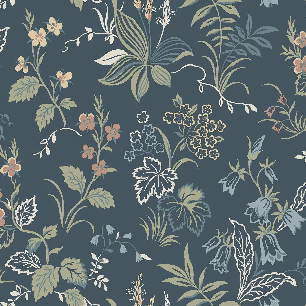 Folklore Blue and Green Floral Pattern Wallpaper