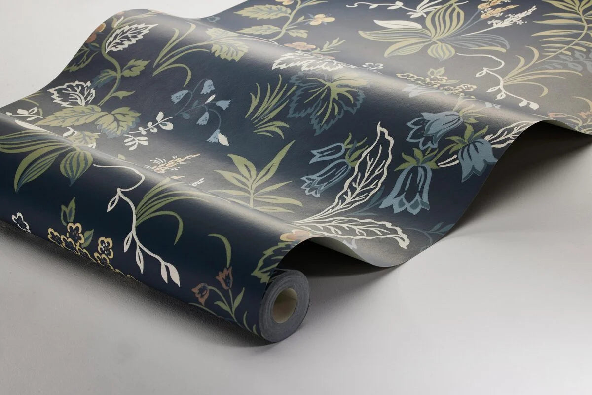 Folklore Blue and Green Floral Pattern Wallpaper