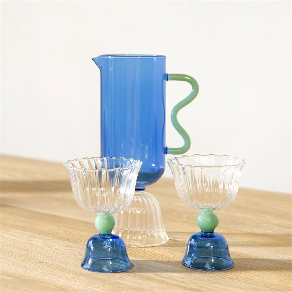 Blue glass carafe TULIP with green handle