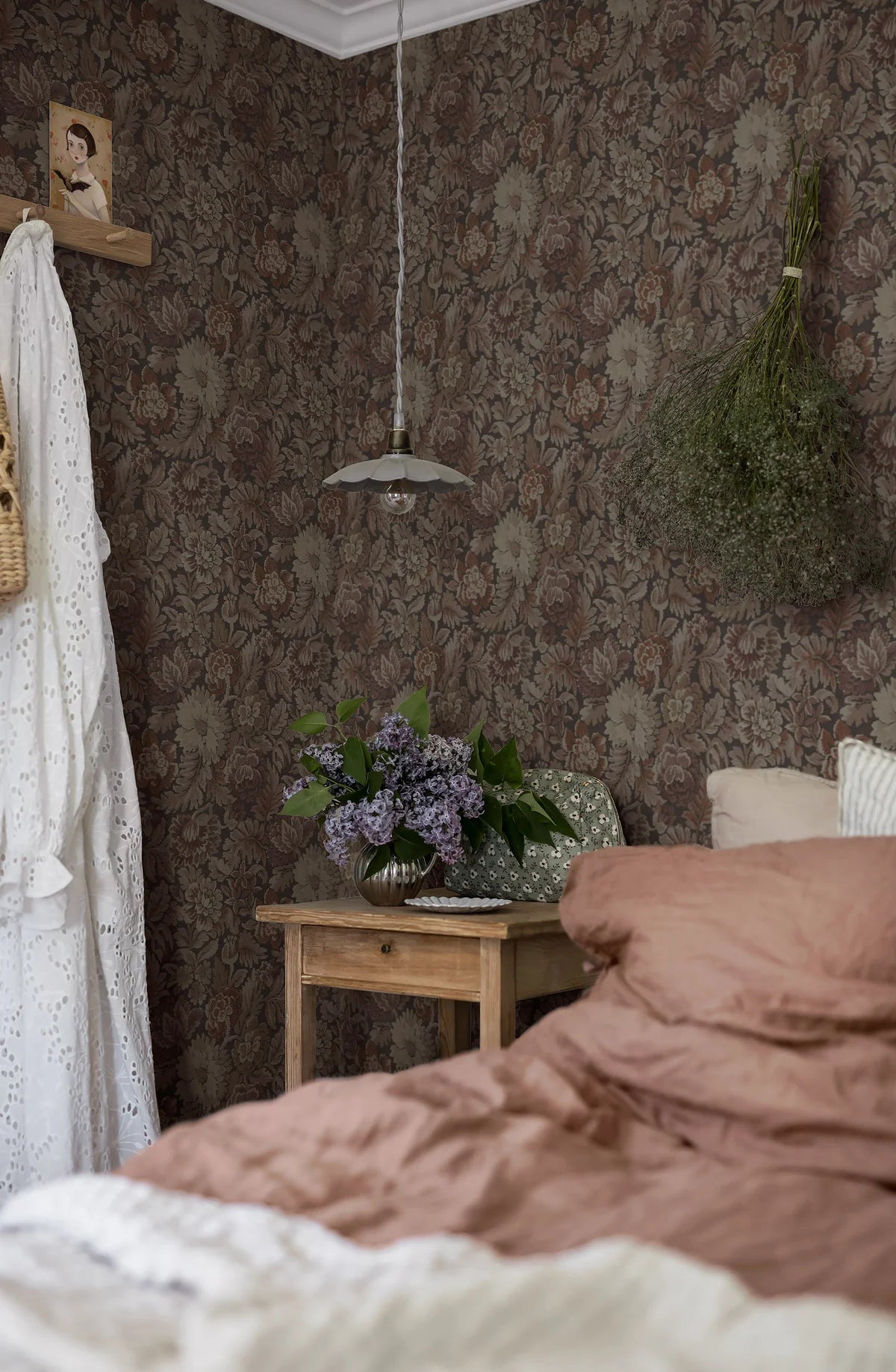 Nightingale Garden Floral Pattern Wallpaper in Burgundy with Beige