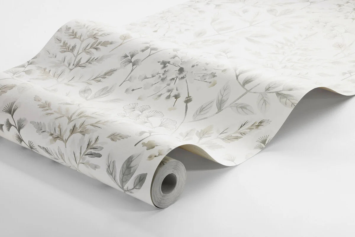 Tapeta flizelinowa papierowa z roślinnym wzorem SIGRID zgaszony szary z beżowym