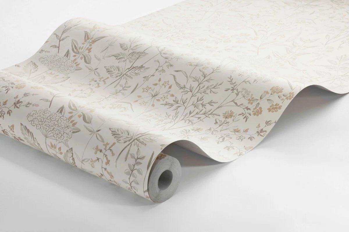 Tapeta flizelinowa papierowa z roślinnym wzorem EMIL kremowy z zielonym