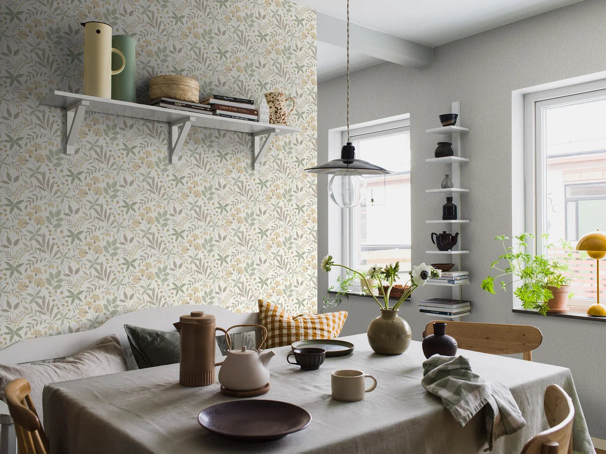 Tapeta flizelinowa papierowa z roślinnym wzorem VILMA jasnobeżowy z zielonym i żółtym