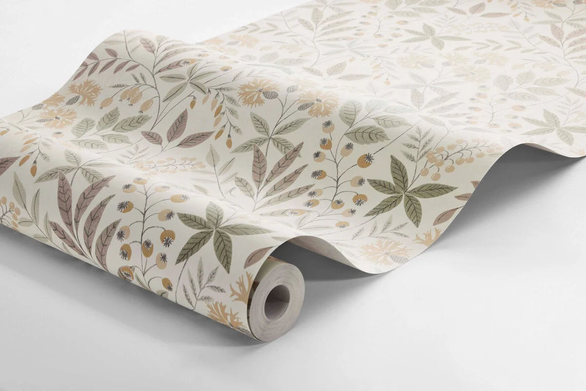 Tapeta flizelinowa papierowa z roślinnym wzorem VILMA jasnobeżowy z zielonym i żółtym