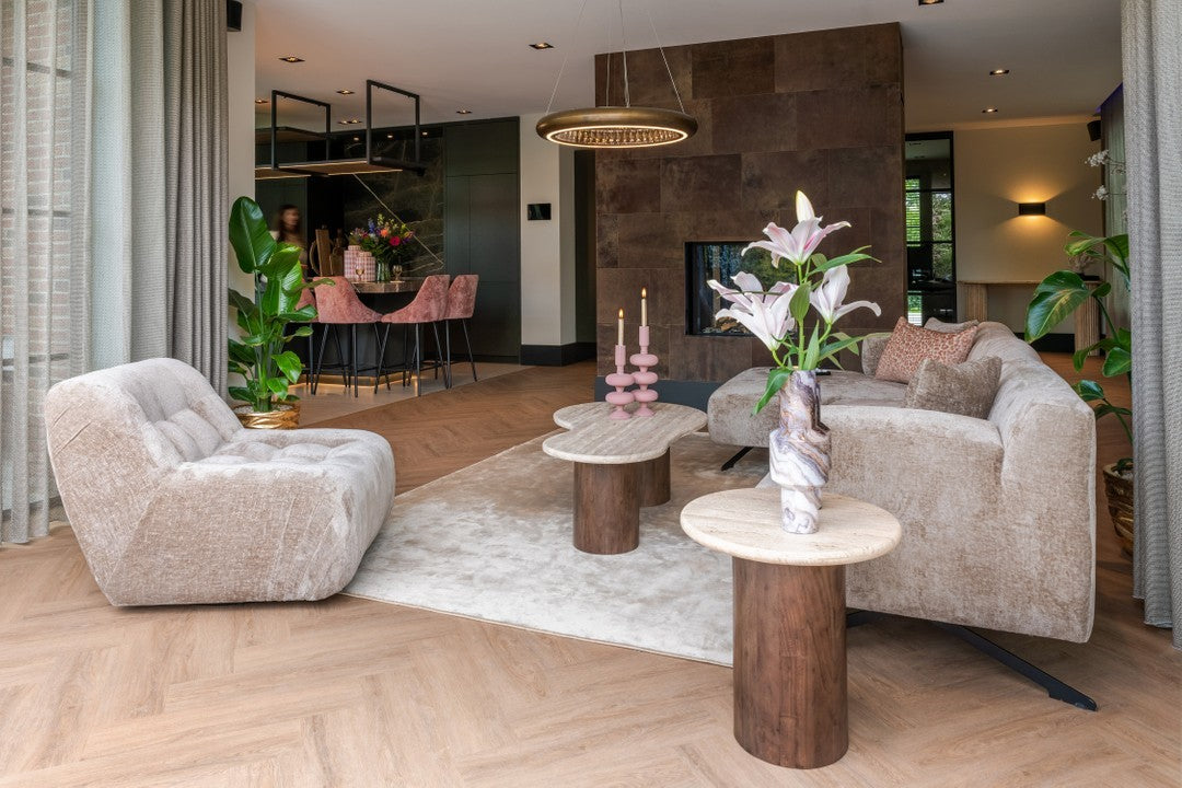 Couchtisch DOUGLAS aus Travertin mit Holzgestell