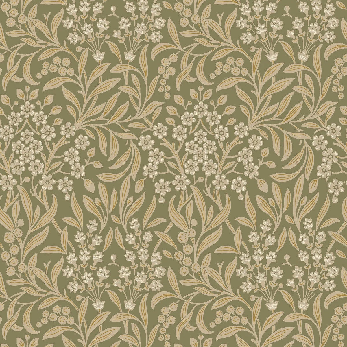 Non-woven paper wallpaper with a plant pattern KRYDDHYLLAN green with beige