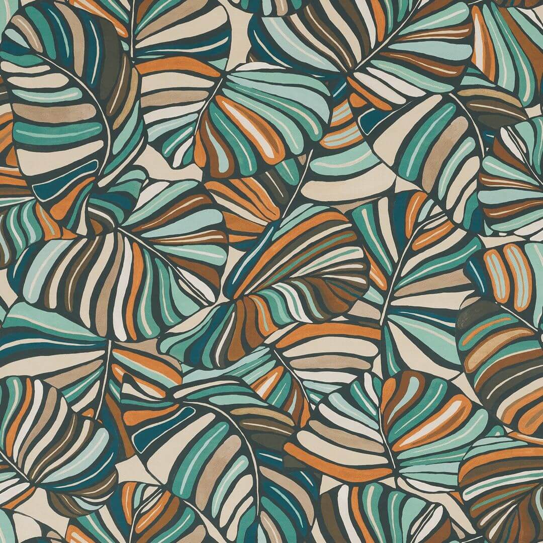Textile wallpaper with a tropical leaf pattern PACHIRA - CELADON green with orange